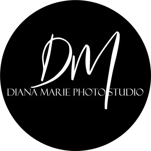 Diana Marie Photo Studio logo - black circle with white script initials DM and business name below