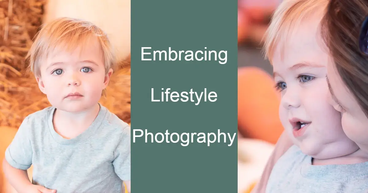 Lifestyle photography. Image on left of a little blonde toddler boy in a pumpkin patch with bright eyes and an image on the right with the same little boy and his mom very close to him with her face next to his in a natural and loving way while he looks at the pumpkins.