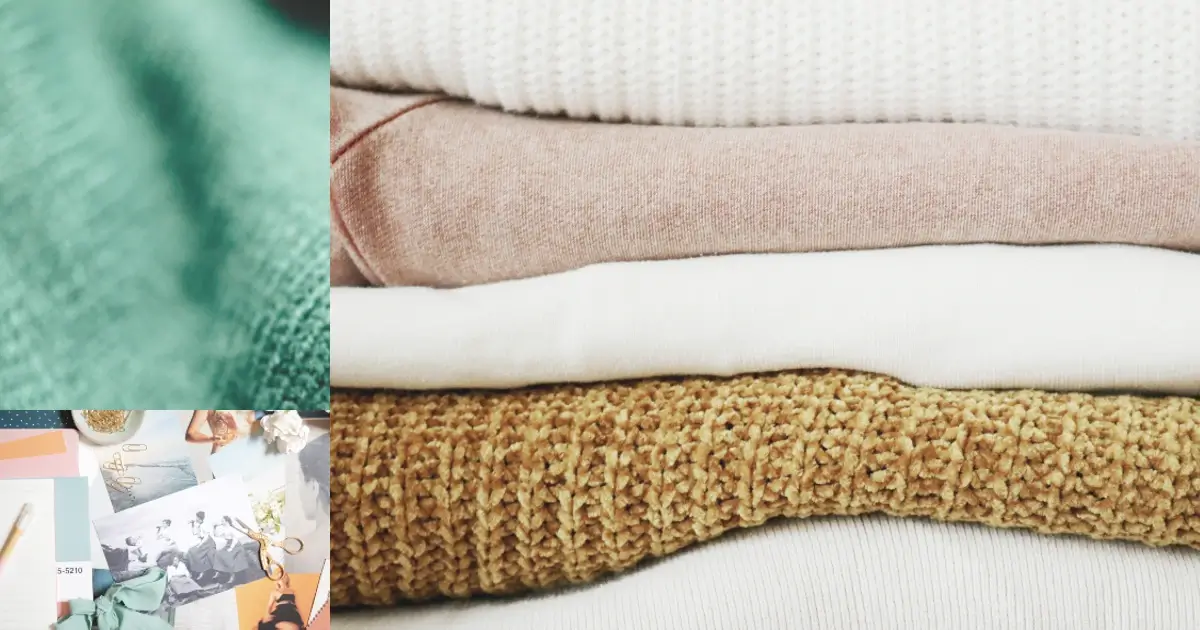 Family style guide. Image of neutral-colored different fabrics of varying textures, with a small image of a workspace with color swatches, ribbon, and scissors.