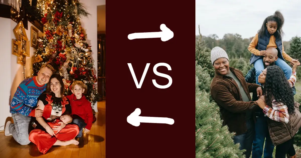Professional Photographer. Image of a family wearing ugly christmas sweaters on the left side. The lighting in the image is harsh and unflattering. There is also a beautifully captured image on the right side of a family enjoying the christmas tree farm together. It is not posed. The light is very flattering and the image is composed beautifully. Between the two images is on arrow pointing left on top, the letters VS in the middle, and an arrow pointing right on bottom.