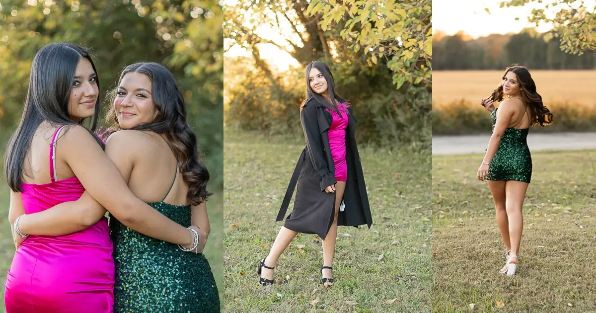Homecoming collage. Three images of two sisters. One wearing sequined green minidress, the other wearing a shiny pink minidress with feather trim on the bust. One image is the two girls embracing each other with their back to the camera, but they are looking back at the camera. The next image is the girl in the pink dress wearing a black coat and swinging it at her hip. The last photo is of the girl in the green dress walking away from the camera while whipping her head back to look at the camera, which swung her hair beautifully like a twirling dress.